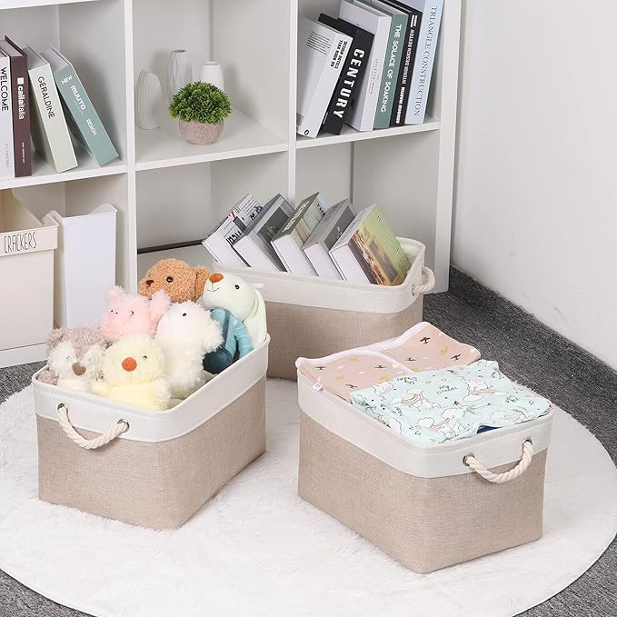 Bidtakay Large Fabric Baskets with Handles [3-Pack] Collapsible Storage Basket for Shelves 15 X 11 X 9.5 inches Canvas Bins for Closet Organization (White&Beige)