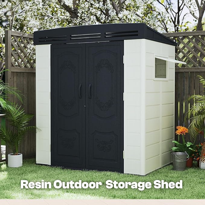 6x4FT HDPE Resin Outdoor Storage Shed with Sloped Roof, Injection Molded Plastic Lean to Garden Tool Shed, All Weather Resistant, Lockable Double Doors & Ventilation for Backyard Patio