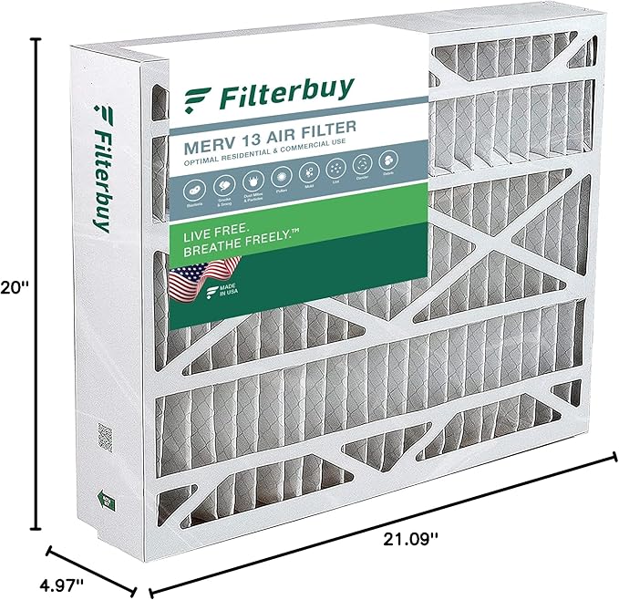 Filterbuy 21x21.5x5 Air Filter MERV 13 Optimal Smoke & Allergy Defense (1-Pack), Pleated HVAC AC Furnace Filters for Trane Perfect Fit & American Standard (Actual Size: 20.00 x 21.09 x 4.97)
