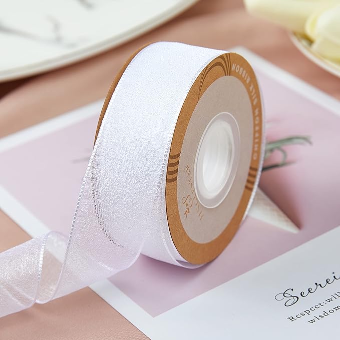 1 Inch Wide Sheer Chiffon Ribbon - Pearl Silk Woven Ribbon Suitable for Gift Wrapping, Wedding Decor, Home Decor, Girl Hair Accessories Handmade DIY (25 Yards/roll) (White)