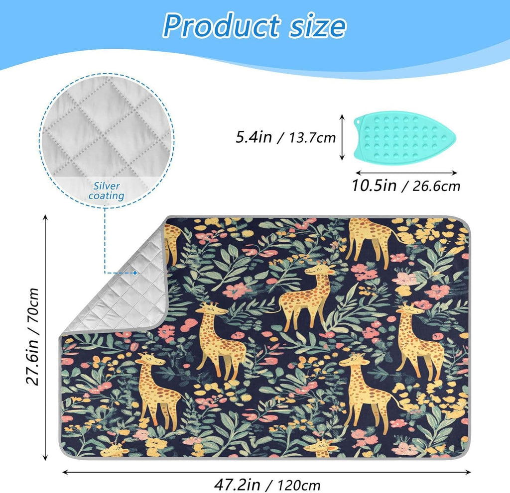 Giraffe Flowers Leaves Green Ironing Mat Thickened Ironing Blanket Travel Portable Double-Side Using Ironing Pad Travel Isolate Heat Pad Cover for Washer Dryer Table Top Countertop 27.6x47.2in