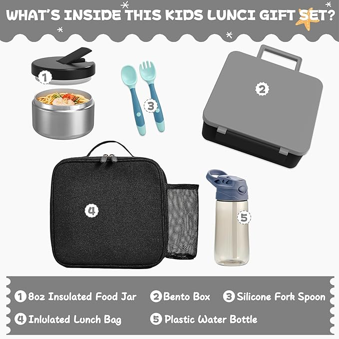 Kids Bento Lunch Box with 8oz Soup Thermo, Water Bottle, Kids Leakproof Lunch Food Containers with 4 Compartment, Insulated Hot Food Jar with Lunch Bag for School, Trvael (Black)