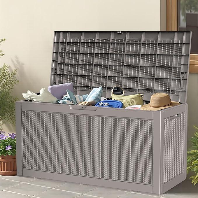 100 Gallon Storage Box, Waterproof Resin Deck Box with Hydraulic Piston Design, Lockable Storage Bench for Package Delivery, Storage Bin for Patio Cushions, Garden Tools, Grey