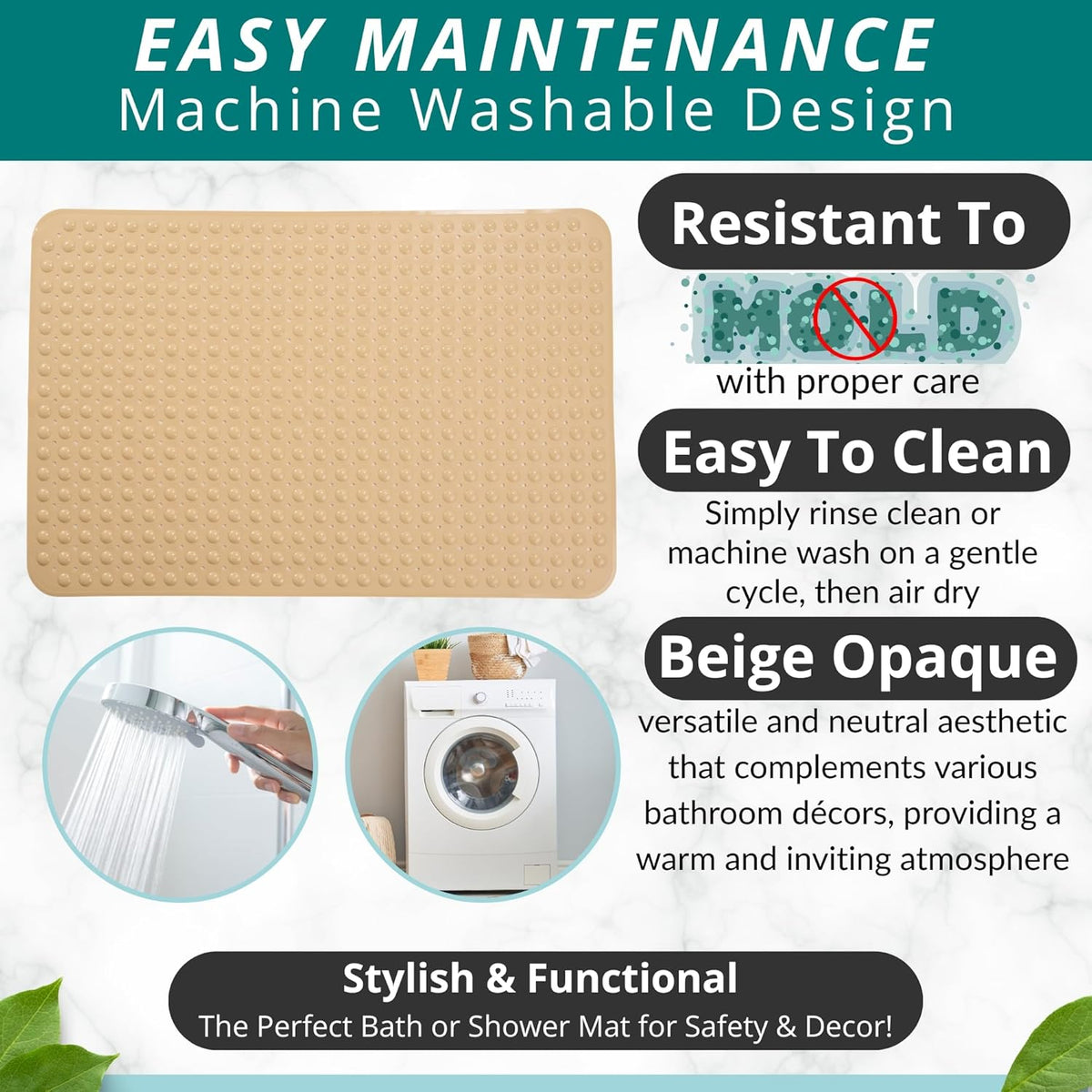 ENKOSI Extra Large Shower Mat Non Slip - 47 x 32 inch - XL Bathroom Shower Mat - Large Shower Mats for Shower Stall Floors - Secure Suction Cups and Drain Holes (47x32 Beige Opaque)