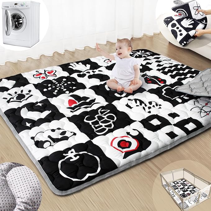 Baby Play Mats for Floor, 71”x59” Upgraded Thickness & Larger Super Soft Playmat for Babies and Toddlers, Foldable Washable, Upgrade Anti-Slip Crawling Mat for Playpen(High Contrast)
