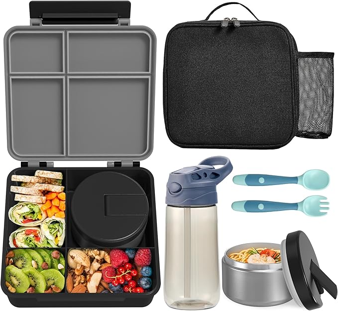 Kids Bento Lunch Box with 8oz Soup Thermo, Water Bottle, Kids Leakproof Lunch Food Containers with 4 Compartment, Insulated Hot Food Jar with Lunch Bag for School, Trvael (Black)
