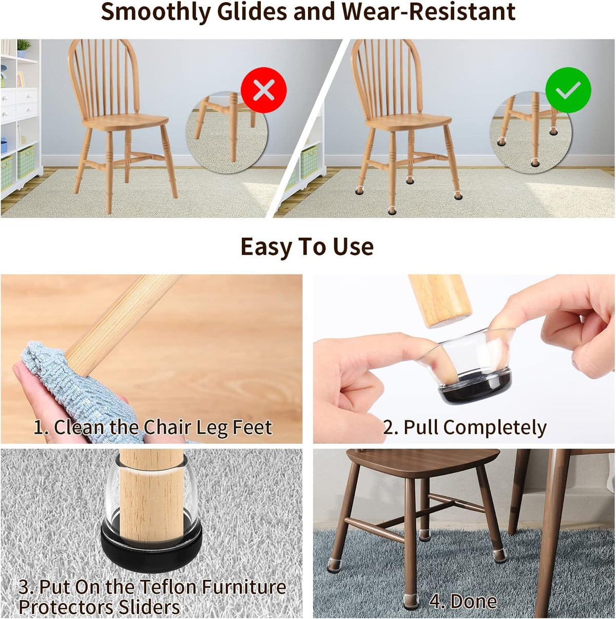 Ezprotekt 24 Pcs Clear Chair Leg Sliders for Carpet, Round Teflon Furniture Glides for Rug, Carpet Sliders Protectors Caps for Dining Table Chair, Bar Stool Legs (L Fit: 1-1/10" to 1-3/10")