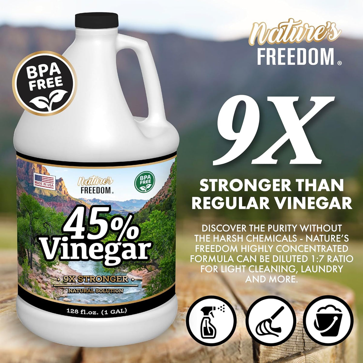 Nature's Freedom 45% Concentrated Vinegar, 4 Gallons - Dilutes to 36 Gallons - 9x Strength Multi-Purpose Solution