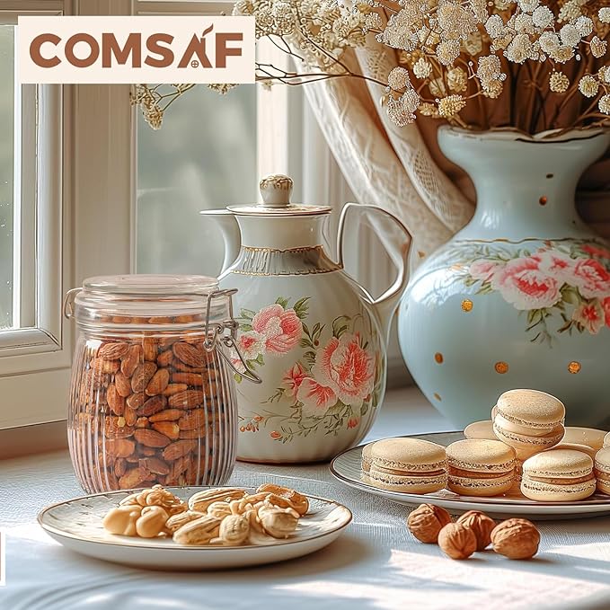 ComSaf Airtight Glass jar with lid 26oz Set of 6, Glass Storage Containers with Lids, Glass Canister, Mason Jars, Striped Clip Fastening Jar for Kitchen Canning, Oat, Coffee, Pasta, Snack, Nut, Candy