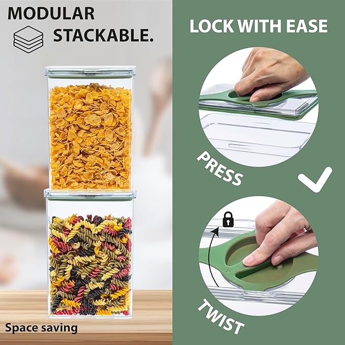 4-Pack Airtight Pantry Containers, 1.9 QT / 1.8 L Clear Food Storage Jars with Leakproof Twist-Lock Lids, Detachable Lid for Easy Cleaning, Cereal, Pasta, Rice, Oats, Snack Storage- Green