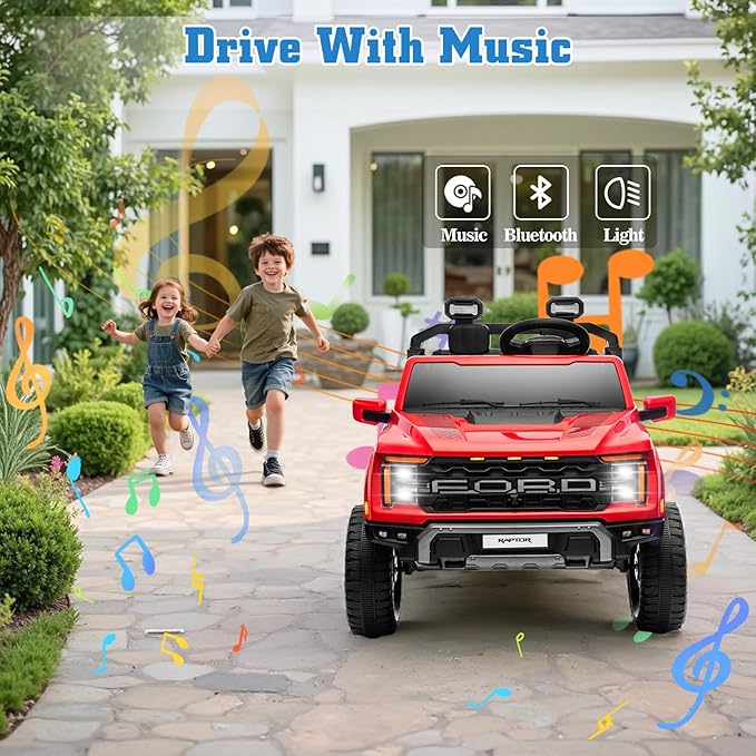 24V Ride on Car Licensed Ford F-150 Raptor, Kids Electric Car with Remote Control, LED Light/Music/MP3, Truck Bed Storage, 3-Point Seat Belt (24V, Red)