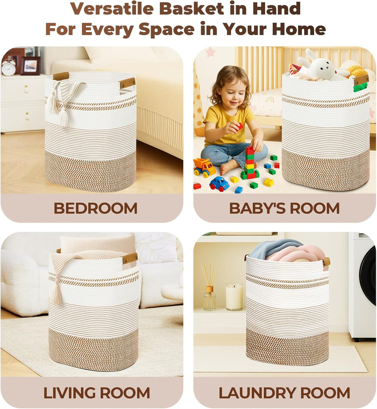 Laundry Basket with Handles - Blanket Basket & Hampers for Bedroom Aesthetic, Laundry Hamper & Blanket Storage for Living Room, Clothes Hamper, Tall, Large 17" x 14" x 22”, Brown & White