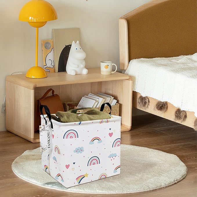 FANKANG Square Nursery Hamper Storage Bins Canvas Laundry Basket Foldable with Waterproof PE Coating Storage Baskets Gift Baskets for Children, Office, Bedroom, Clothes（Square-Love Rainbow ）