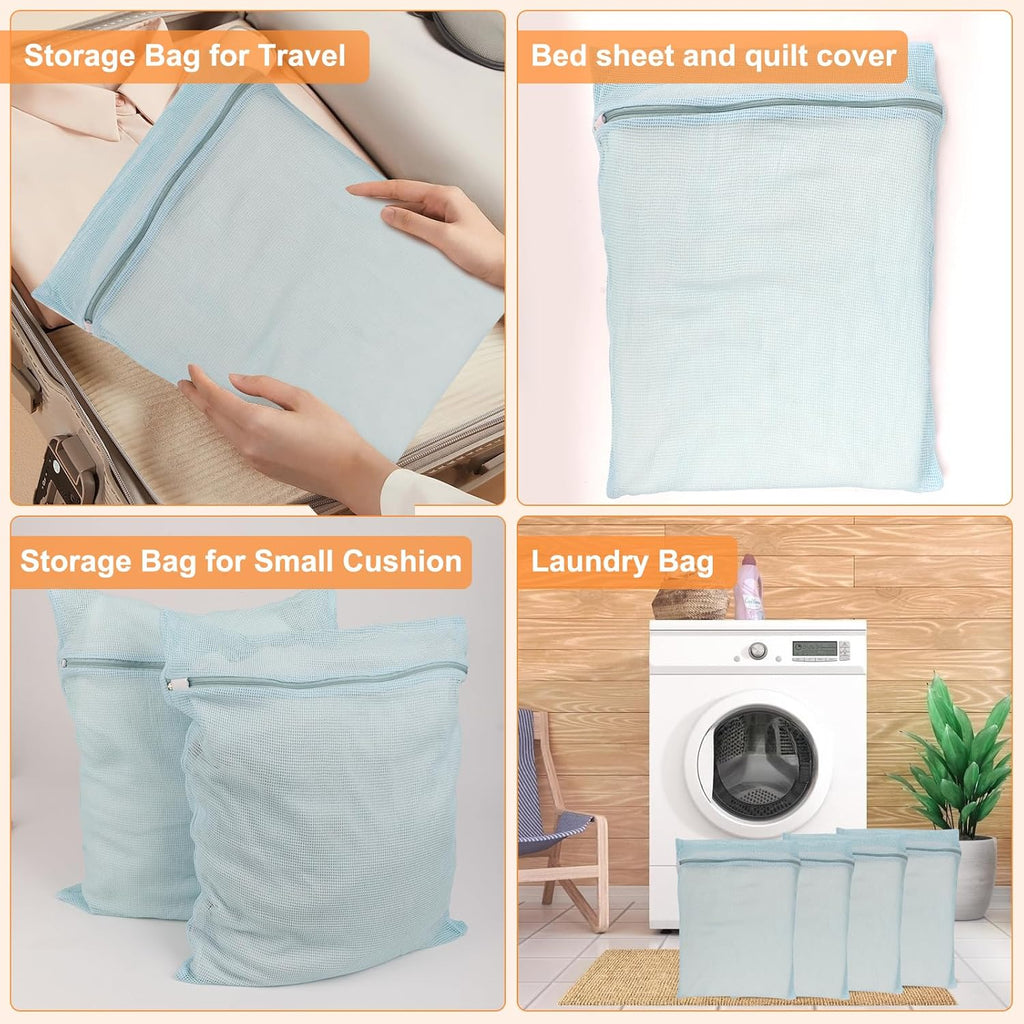 4-Piece Blue Large Durable Organic Cotton Mesh Laundry Bags with Sturdy Zippers and Breathable Mesh are Delicate Laundry Bags for Underwear, Clothes, Pants and Socks
