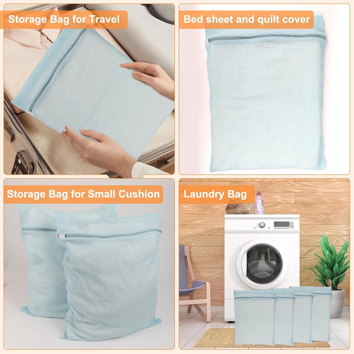 4-Piece Blue Large Durable Organic Cotton Mesh Laundry Bags with Sturdy Zippers and Breathable Mesh are Delicate Laundry Bags for Underwear, Clothes, Pants and Socks