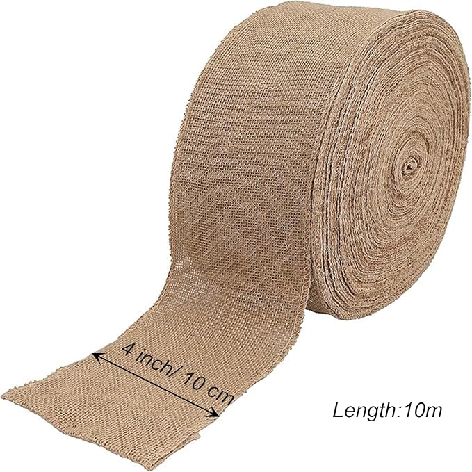 KINJOEK 4 Inch Wide 11 Yards Burlap Ribbon, Natural Jute Fabric Ribbon Crafts Ribbon for Christmas Wedding Gifts Burlap Fabric DIY for Decoration