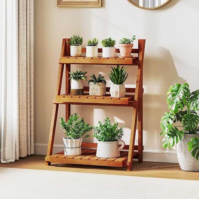 Giantex Foldable Ladder Plant Shelf, 3-Tier Solid Wood Indoor Outdoor Flower Pot Display Rack, Corner Storage Bookshelf, Freestanding Tiered Plant Stand for Garden Patio Balcony, No Assembly