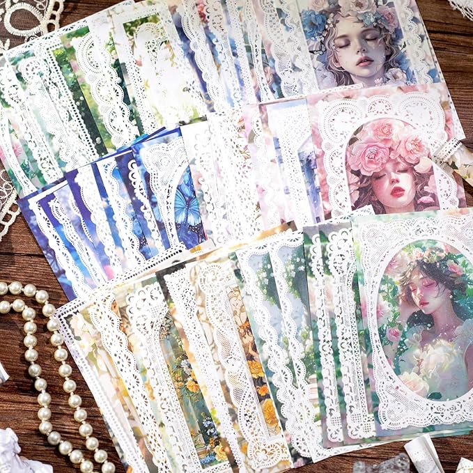 Lace border Scrapbook Paper Set, 150 PCS Goddess of romance Ephemera Pack for Junk Journaling, Scrapbooking, Crafting, DIY Projects, Diaries, and Art Supplies