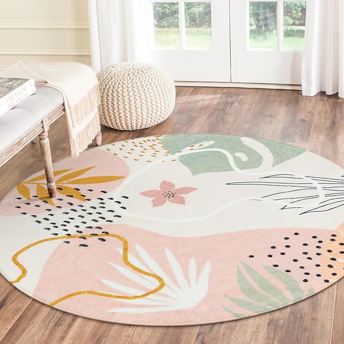 Lahome Pink 6' Round Area Rug, Non-Slip Soft Ultra-Thin Washable Floral Boho Rugs for Living Room, Dining Room, Bedroom, Entryway, Office Dorm, Lightweight