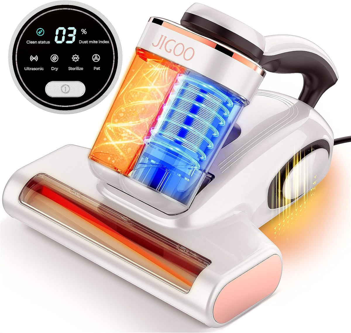 JIGOO Bed Vacuum Cleaner with Dust Sensor, Mattress Vacuum Cleaner with UV & Ultrasonic and High Heating, 13Kpa Suction 500W Powerful Double-Cup Handheld Vacuums (J300, Corded)