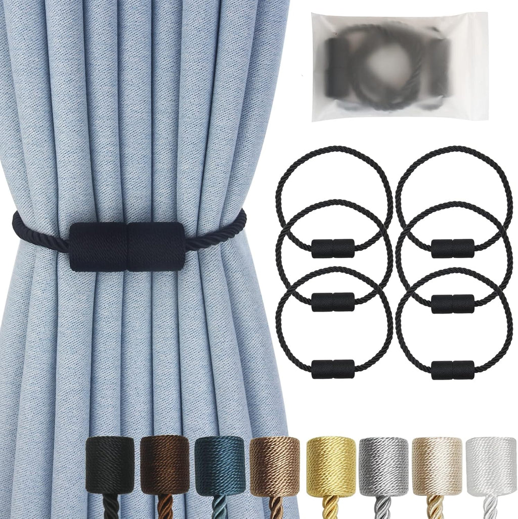 Magnetic Curtain Tiebacks 6 Pack Black Curtain Rope Tieback Curtain Holders for Drapes Modern Tie Backs Decorative Curtain Holdbacks