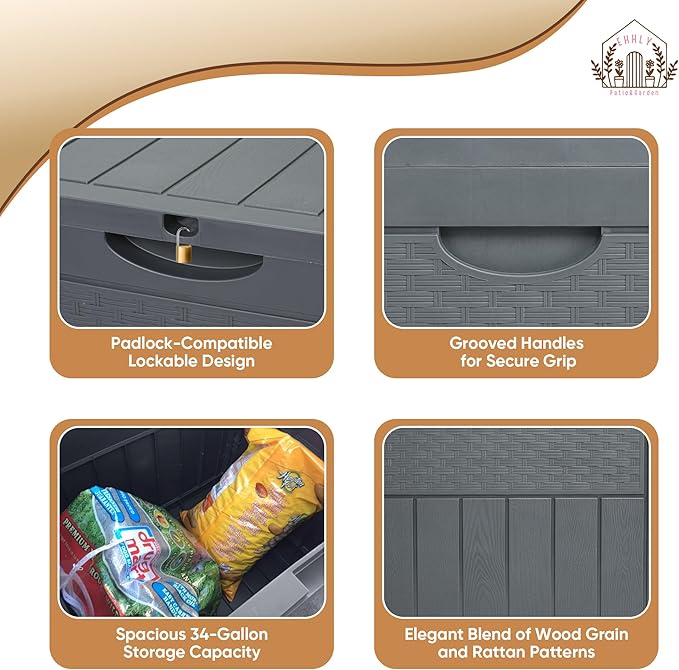 33 Gallon Deck Box, Small Outdoor Storage Box Waterproof, Lockable Secure Package Bin Delivery Box for Outside Front Porch, Patio Cushions Storage Box, Delivery Driver Snack Box for Porch, Grey