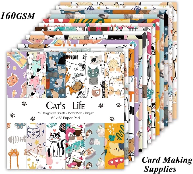 24 Sheets 12 Designs Scrapbook Paper Pad,6"×6” Single-Sided Decopodge Craft Cardstock Paper,Christmas Scrapbooking DIY Decorative Background Cardmaking Supplies.Cat's Life