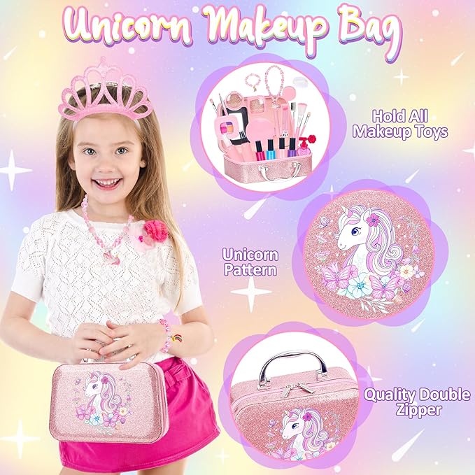 Pretend Makeup for Toddlers, Kids Pretend Makeup Kit for Girls Fake Makeup Toys with Cosmetic Bag, Play Makeup for Little Girls Age 3 4 5 6 7 Christmas Birthday Gifts Toys (Fake Makeup)
