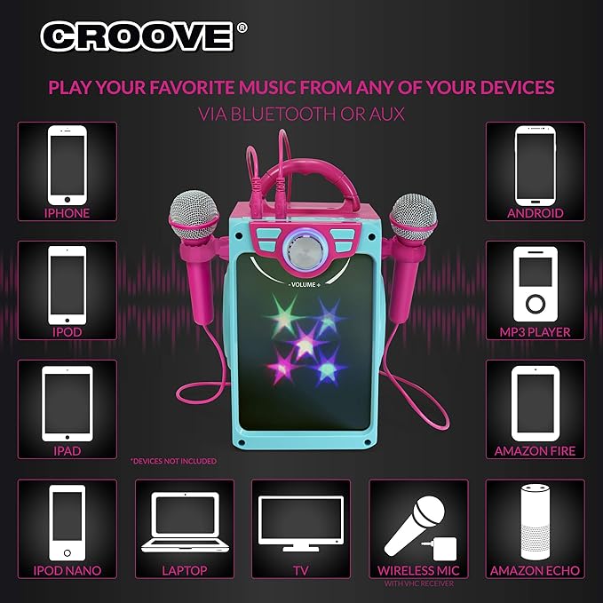 Rechargeable Kids Karaoke Machine for Girls, Pink Portable Karaoke Set, Gift for Girl Speaker with 2 Microphones & Lyrics Display - Bluetooth/AUX/USB, Best Birthday Gifts For Girls Ages 8 9+ Years Old