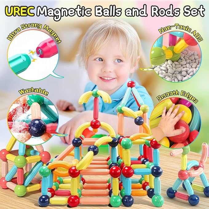 64Pcs Magnetic Building Blocks, Montessori Magnet Toys for Toddlers, STEM Learning Toys for Boys and Girls, Creativity Kids Games, ABS Material, Non-Toxic, Ages 3+, MGB-64