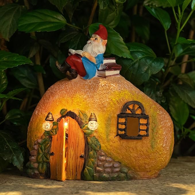 mopha Garden House Statues, Funny Gnome Fairy Garden Lights Figurine,Resin Solar Powered Outdoor Decor Patio Yard Lawn Ornament Decoration