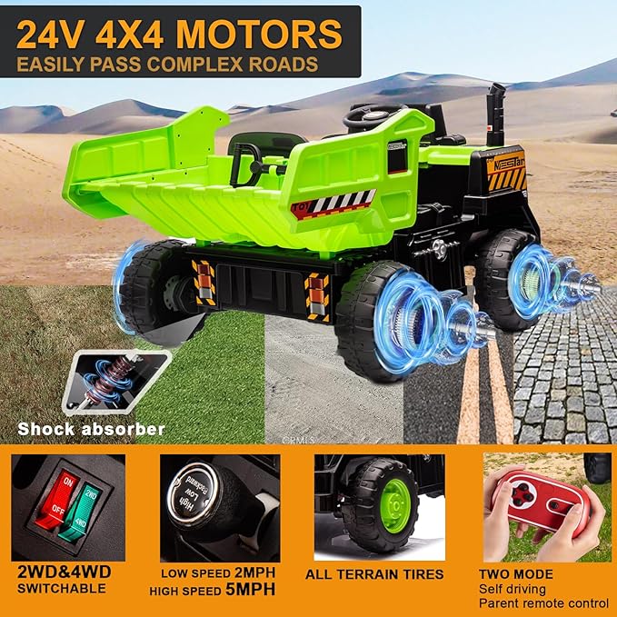 24V Ride On Dump Truck, 24inch-2 Seater Ride On Car for Kids w/Remote Control 4WD/2WD Up to 5 Mph, 24v Ride on Toys for Big Kids w/Electric Dump Bed Extra Shovel Traffic Cones (Green)