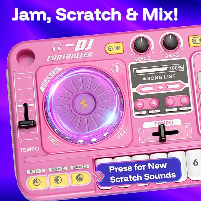 Baby DJ Table, Toddlers DJ Mixer Toy Sets with Lights, Songs, Sound Effects, Microphone, Baby Electronic Piano Sets, Chiristmas Birthday Gifts for 3 4 5 6 Years Old Girls
