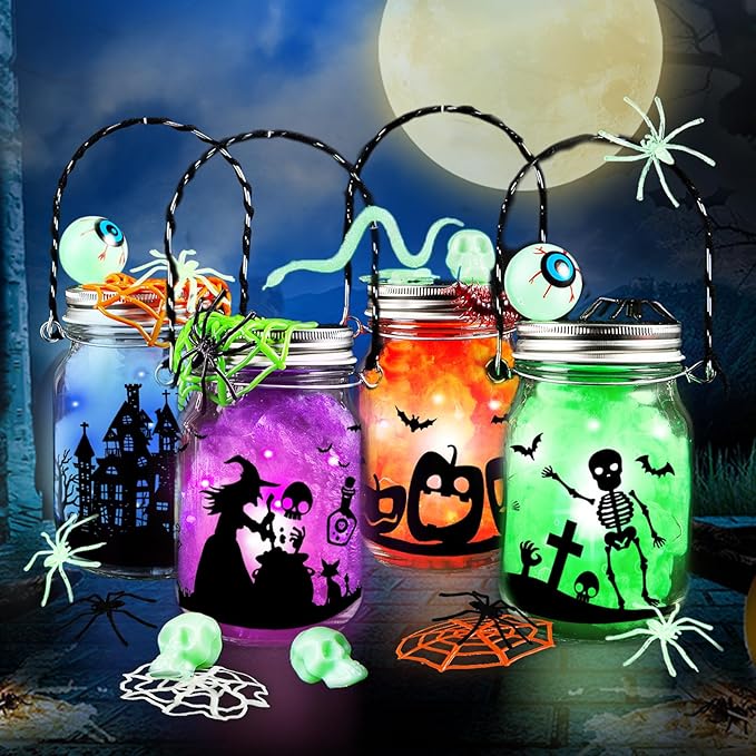 Halloween Craft Kit for Kids, 4 pcs Glass Mason Jar with Accessories for DIY Lantern Jar, Halloween Art & Craft Party Supplies for Classroom,Art and Craft Party Supplies for Kids