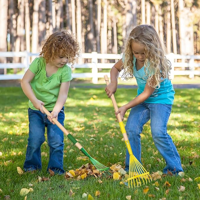 2Pcs Kids Rake Garden Tool Set Toy,Child Size Lawn Small Rakes and Garden for Leaves,Wooden Gardening Toy Rakes with Detachable Handles Outdoor Toys Gift for Boys and Girls (Green+Yellow)