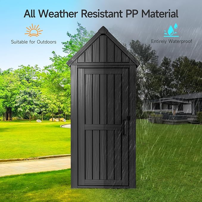 ONBRILL Multifunctional Storage Shed, Outdoor Storage Cabinet with Hooks and Lock Ring, Waterproof Outdoor Storage Shed for All Weather, Tool Outdoor Shed for Patio Lawn and Garden
