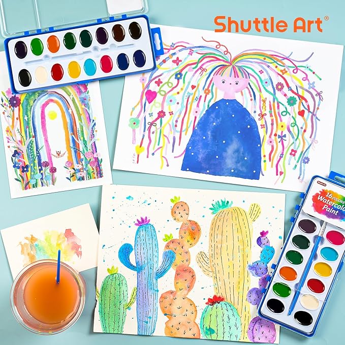 Shuttle Art 16 Colors Watercolor Paint Set Bulk, 15 Pack, Watercolor Paint Set with Paint Brushes for Kids and Adults, Washable Paint for Classroom, Parties, Kindergarten and Art Activities