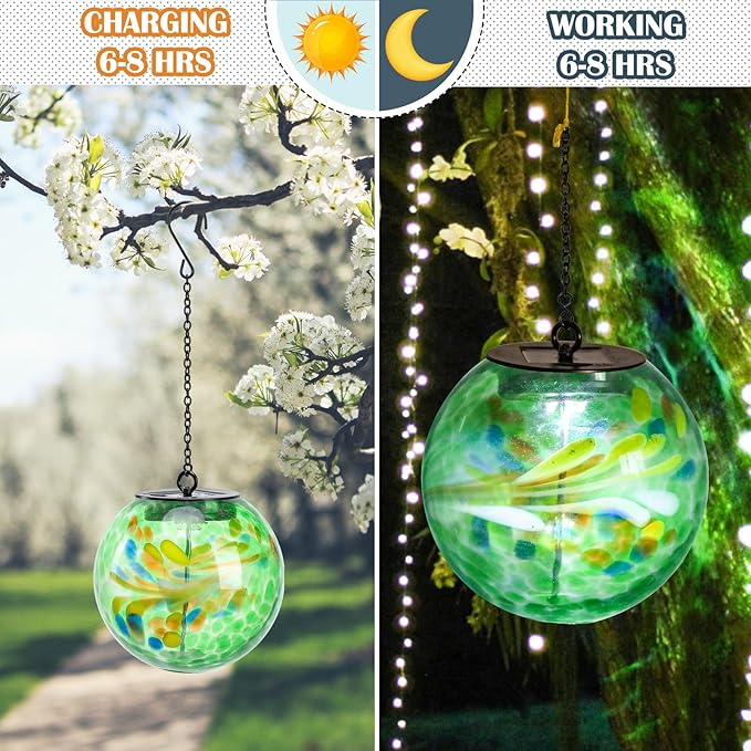 Solar Hanging Lanterns Outdoor Solar Glaze Glass Lantern Globe Hanging Outdoor Lights for Garden Yard Home Decoration Green