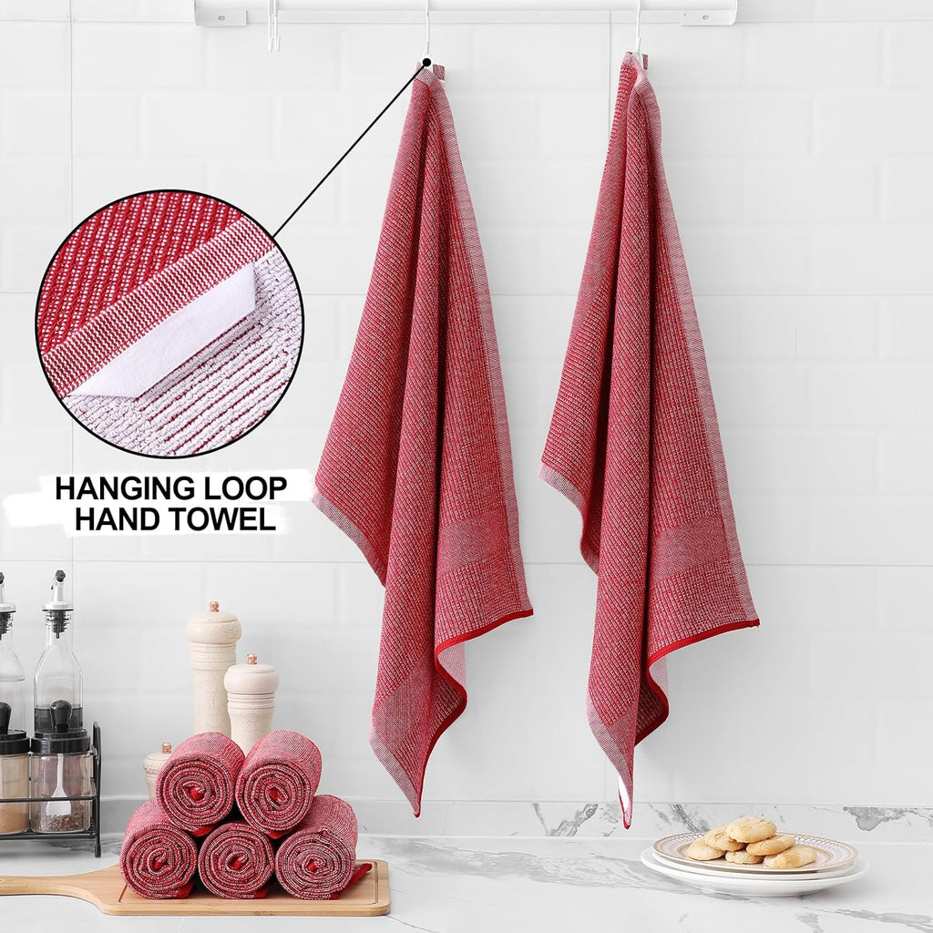 Homaxy Premium Kitchen Towels(18”x 28”, 12 Pack), Large Cotton Kitchen Hand Towels, Flat and Terry Dish Towels, 380 GSM Highly Absorbent Tea Towel Set with Hanging Loop, Red
