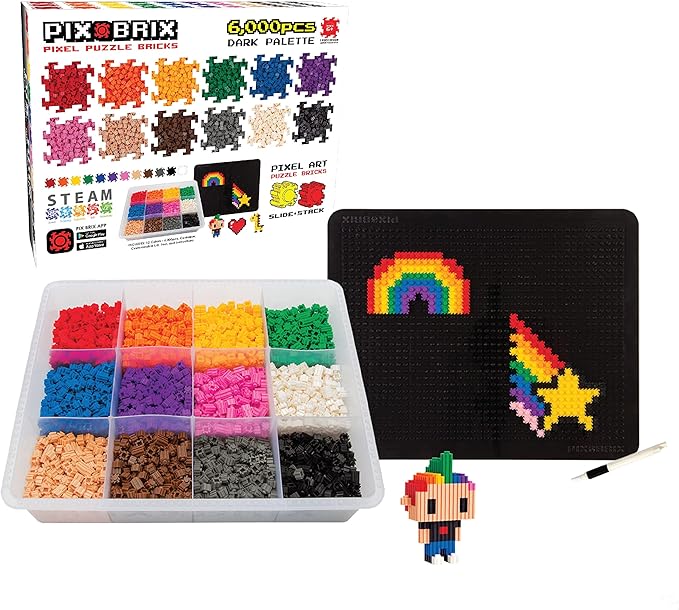 Pix Brix Pixel Art kit Puzzle Bricks – 6,000 Piece Pixel Art Container, 12 Color Dark Palette – Interlocking Building Bricks, Create 2D and 3D Builds Without Water or Glue – Stem Toys, Ages 6 Plus