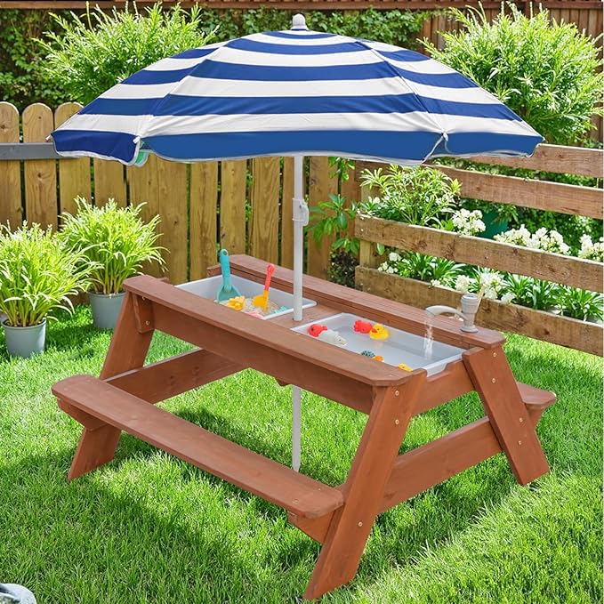 Kids 3-in-1 Sand & Water Activity Table, Wood Outdoor Convertible Picnic Table, 2 Play Boxes, Removable Top with Faucet, Picnic for Outdoor Backyard Patio Play (Brown/Navy)