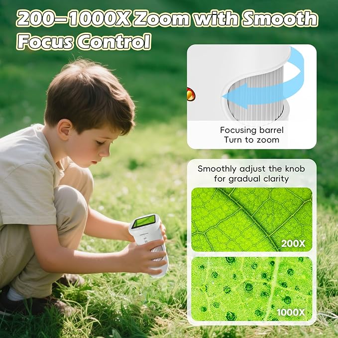 Kids Microscope Handheld - Digital 1000X Zoom Mini Pocket Microscope, HD Photo & Video Recording with 8GB TF Card, Educational Toys for Boys Girls 3 4 5 6 7 8+ Years, STEM Birthday Gifts