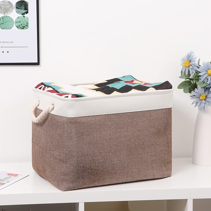 Bidtakay Large Storage Baskets with Handles for Organizing 16" x 11.8" x 11.8" Rustic Shelf Baskets [2-Pack] Foldable Clothes Baskets Fabric Collapsible Bins for Closet (White&Earthy Brown)