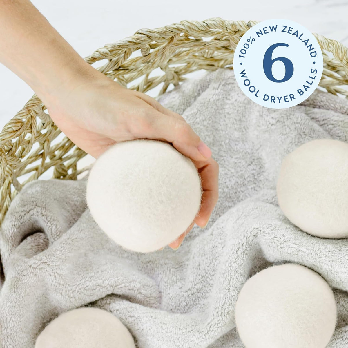 ELYN Wool Dryer Balls 6-Pack - XL, 100% New Zealand Wool, Reusable and Handmade. Fragrance-Free, Natural Fabric Softener, Reduce Wrinkles and Decrease Drying Time (White)