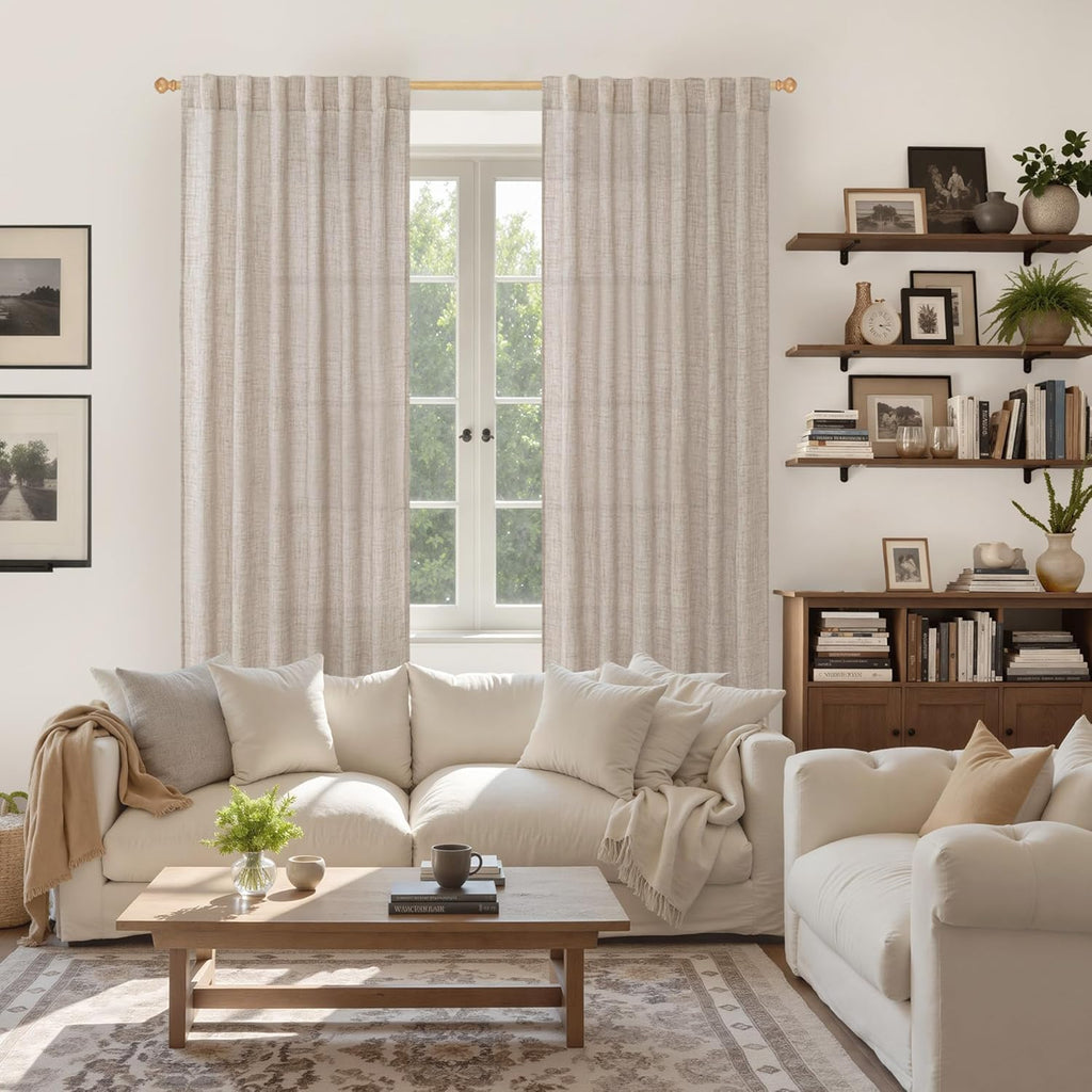 YoungsTex Natural Linen Curtains 80 Inch Length for Living Room, Light Filtering Burlap Textured Rod Pocket Window Drapes Back Tab for Bedroom Office Rustic, 2 Panels, 52 X 80 Inch