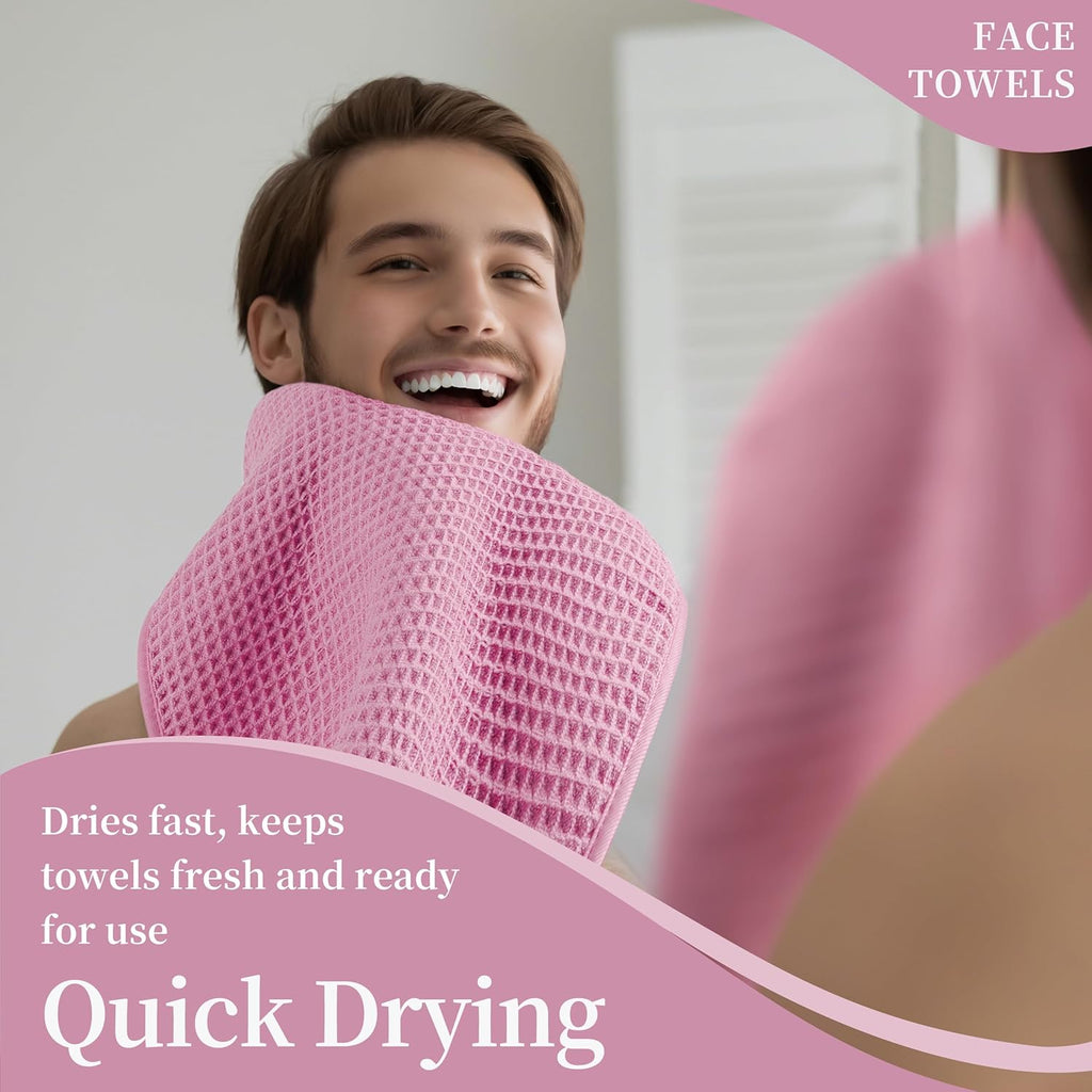 Microfiber Waffle Face Towels, 2 Pieces, Soft, Absorbent, Fast Drying, Lint Free (Pink)