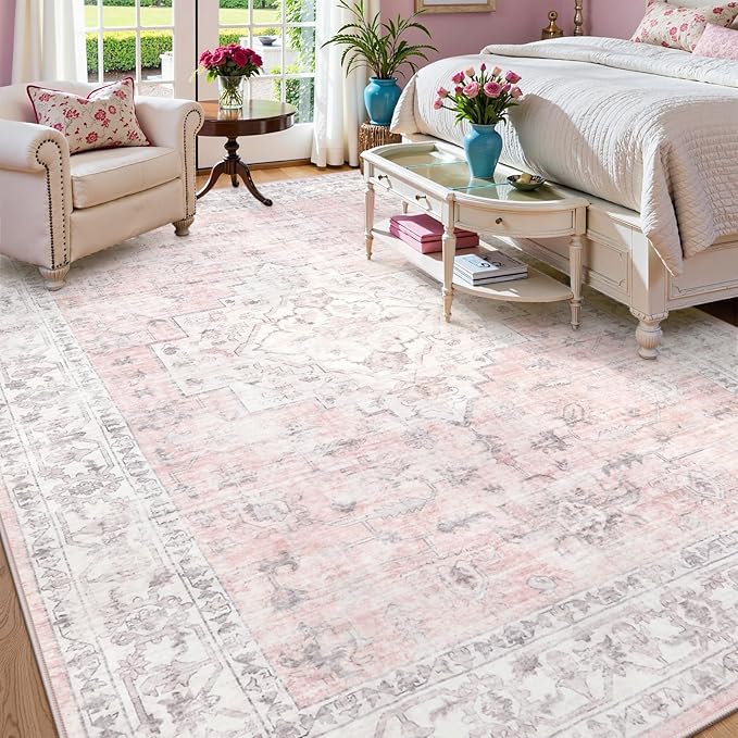 LIVEBOX Pink 10x14 Area Rug for Bedroom Girls, Boho Washable Rugs for Living Room Nursery, Non-Slip Indoor Soft Carpet Low-Pile Farmhouse Carpets for Dining Room Kids Playroom, Pink