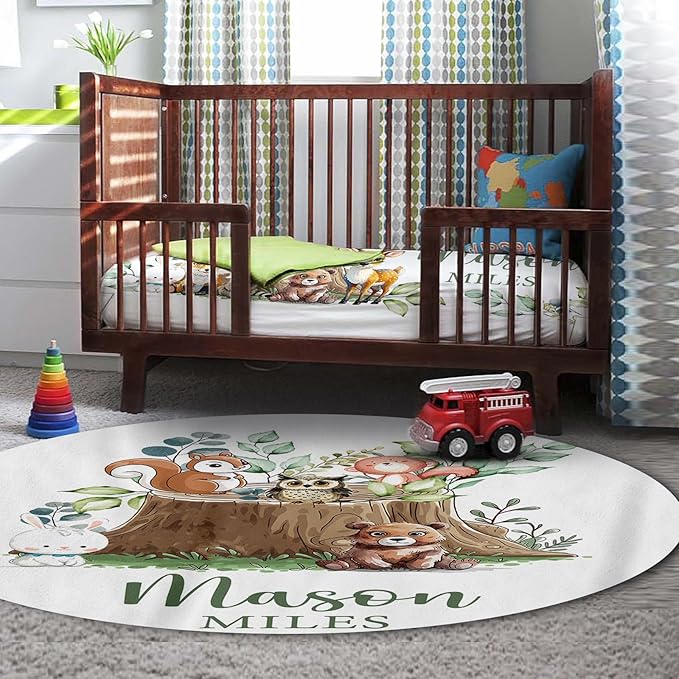 Personalized Baby Crib Bedding Set for Baby Boys Girls, Animal Stump Pattern Custom Name Baby Crib Sets 5-Pcs, Toddler Double Layer Blanket Fitted Sheets Changing Pad Cover Rug Wall Art Set