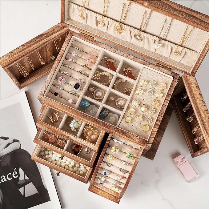 Jewelry Box Organizer, Solid Wood Jewelry Boxes for Women for Storage & Display Necklace Ring Earring Bracelet, Rustic Style Jewelry Organizer Box for Women Gifts (Carbonized Brown)