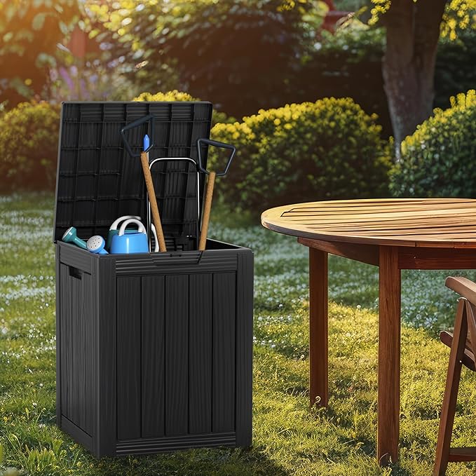 Vixzen 28 Gallon Outdoor Deck Box,Lockable Resin Waterproof Storage Box,UV Resistant,Weather Resistance,Outside Storage Bin for Gardening Tools,Pool Supplies,Black